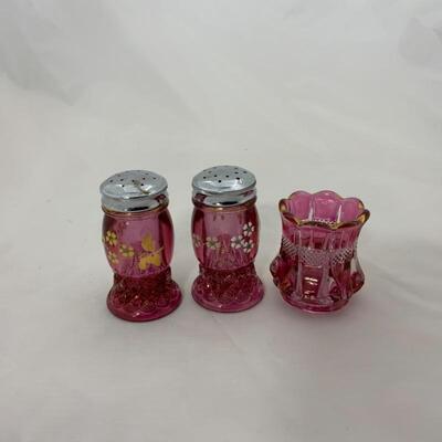 .113. Vintage | Hand-Painted Cranberry | Salt & Pepper | Toothpick