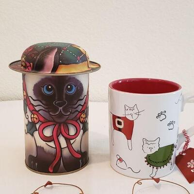 Lot 3: Cat Mug, Tin & Ornaments 