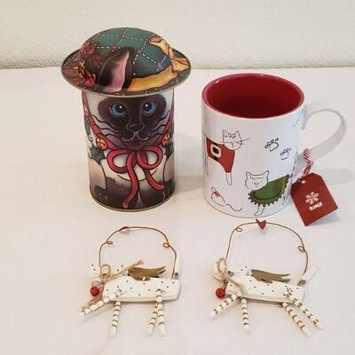 Lot 3: Cat Mug, Tin & Ornaments 