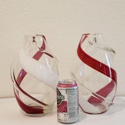 Lot 18: (2) Red & White Swirl Glass Vases