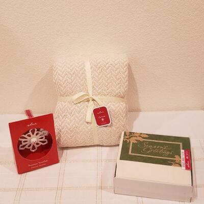 Lot 117:  New Hallmark Throw Blanket, Christmas Cards & Snowman Ornament 