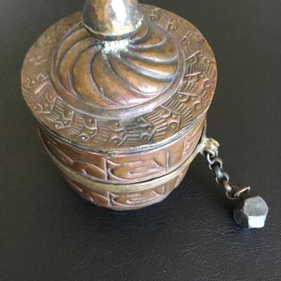 Ancient Hammered Copper and Brass Scroll and Container from Tibetan Prayer Wheel