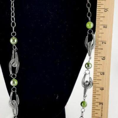 Green Beads Silvertone Necklace