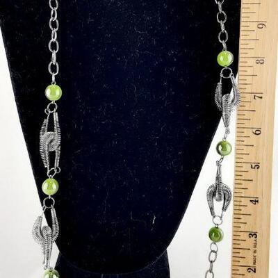 Green Beads Silvertone Necklace