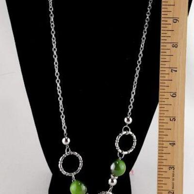 Silvertone Necklace Green Beads