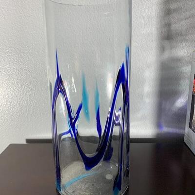 Large/Tall clear glaze vase with shades of blue accent swirling through 