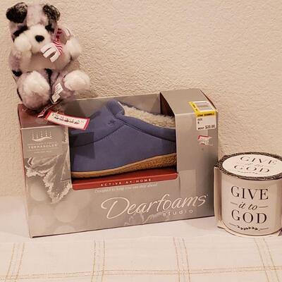 Lot 219:  NEW Slippers, Coffee Cup and a Stuffed Animal 