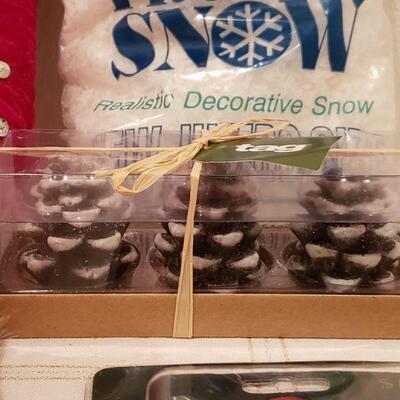 Lot 229: NEW Tree Skirt, Pinecone Candles, Foot Switch for Christmas Tree & Bag of Snow