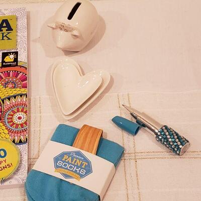 Lot 249: New Coloring book, Pen, Piggy bank, Socks & Dresser Jewelry Dishes