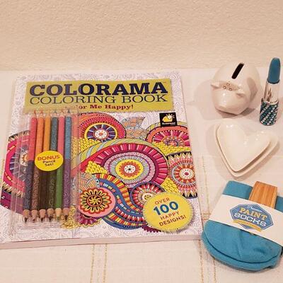 Lot 249: New Coloring book, Pen, Piggy bank, Socks & Dresser Jewelry Dishes