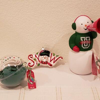 Lot 264: NEW Cheering Snowman, Ornament a,d Socks