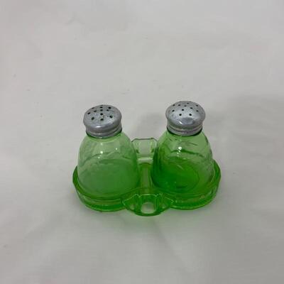 .136. Antique | Green Depression Salt and Pepper with Tray