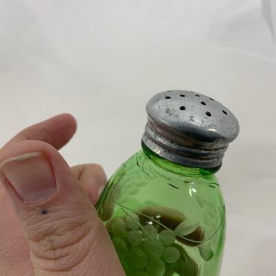 .136. Antique | Green Depression Salt and Pepper with Tray