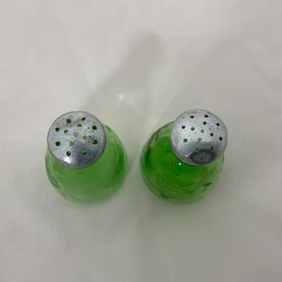 .136. Antique | Green Depression Salt and Pepper with Tray