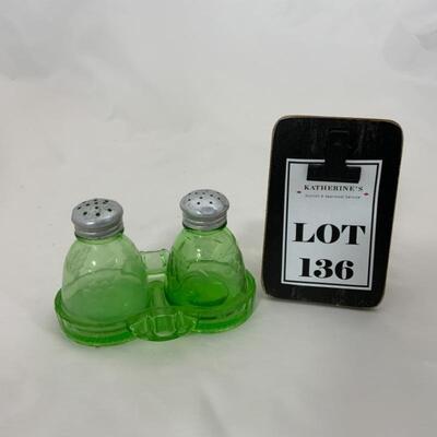 .136. Antique | Green Depression Salt and Pepper with Tray