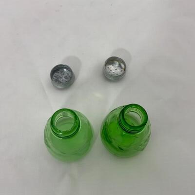 .136. Antique | Green Depression Salt and Pepper with Tray