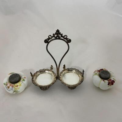 .138. Antique | Hand Painted Satin Glass Shakers with Caddy