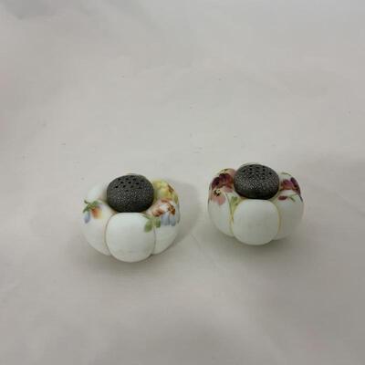 .138. Antique | Hand Painted Satin Glass Shakers with Caddy
