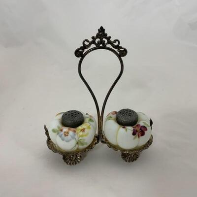 .138. Antique | Hand Painted Satin Glass Shakers with Caddy
