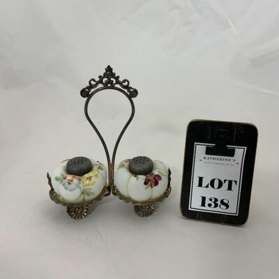 .138. Antique | Hand Painted Satin Glass Shakers with Caddy