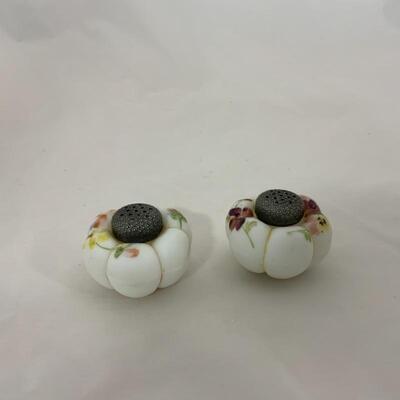 .138. Antique | Hand Painted Satin Glass Shakers with Caddy