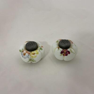 .138. Antique | Hand Painted Satin Glass Shakers with Caddy
