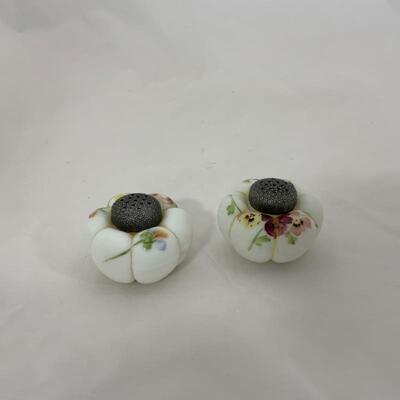 .138. Antique | Hand Painted Satin Glass Shakers with Caddy