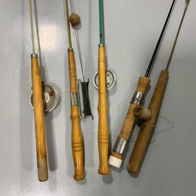 .149. Vintage | Five Ice Fishing Poles | Wood | Cork