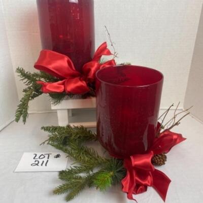 L 211 Pair of Red Hurricane Globes with Candles