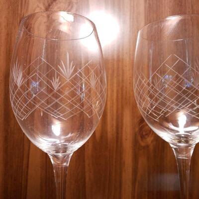 2 etched crystal long stem wine glasses