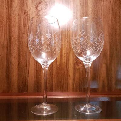 2 etched crystal long stem wine glasses