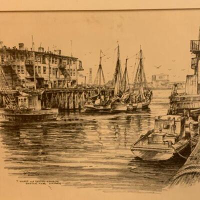 Jas F. Murray Etching T Wharf and Boston Harbor 12