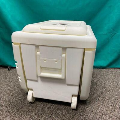 Malibu Rum White Ice Chest Cooler on Wheels with Fold Down Sides & Stools