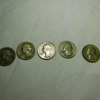 Set of 5 Pre-1964/1964 Silver Washington Quarters Circulated 