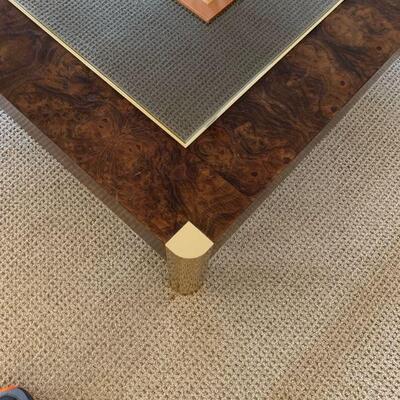 Mid-Century Modern massive burl wood frame glass top square coffee table. Gorgeous burl wood grain pattern. Nice design proportions.