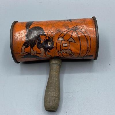 Vintage Tin Halloween Shaker Rattle with Wood Handle