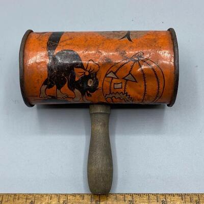 Vintage Tin Halloween Shaker Rattle with Wood Handle