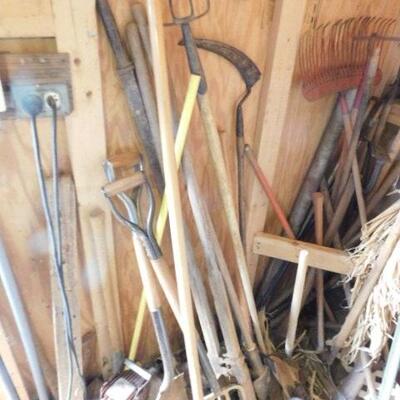 Large Collection of Hand and Garden Tools including Mauls, Axes, Shovels, Rakes, Etc.