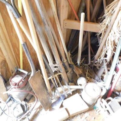 Large Collection of Hand and Garden Tools including Mauls, Axes, Shovels, Rakes, Etc.
