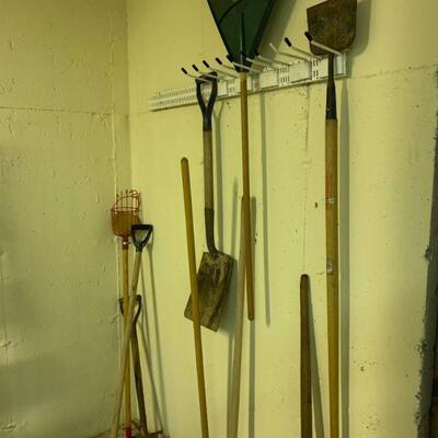 Group of yard care items, snow shovels 