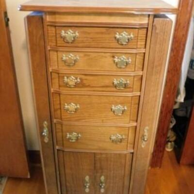 Solid Oak Jewelry Tower with Side Doors and Vanity Lift Top Mirror (No Contents)