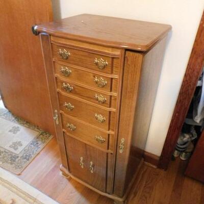 Solid Oak Jewelry Tower with Side Doors and Vanity Lift Top Mirror (No Contents)
