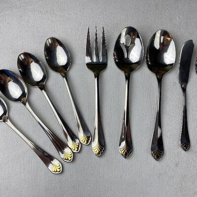 Lot# 63 S Wallace St Regis Gold 18/8 Stainless Flatware Serving Set with Soup Spoons