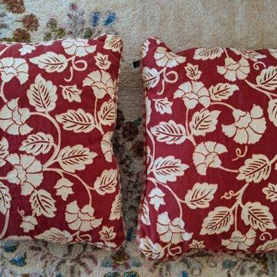 Lot #70 Set of 2 Cushions Pillows Brick Red and Cream Piped edges Floral and Plaid 16