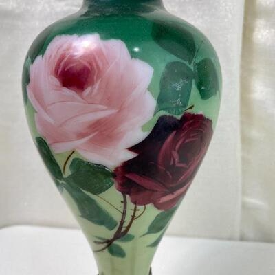Lot# 96 Antique Hand painted Ewer Brass Red Pink Roses Green Background