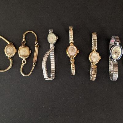Lot #97 s- Lot of 7 vintage/antique ladies watches Bulova Milos Timex Waltham Gruen Gold Filled Repair Crafts