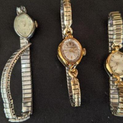 Lot #97 s- Lot of 7 vintage/antique ladies watches Bulova Milos Timex Waltham Gruen Gold Filled Repair Crafts