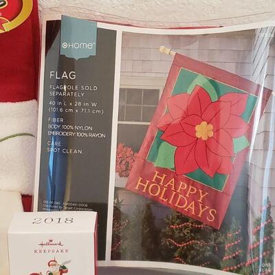 Lot 341: New - Large Stocking, Magnet Set, Pop Up Christmas Picture Frame/Book & Outdoor Flag