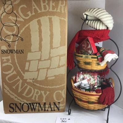S - 301  Longaberger 32â€ 2 Tired Snowman Stand & 2 Christmas Gift Filled Baskets