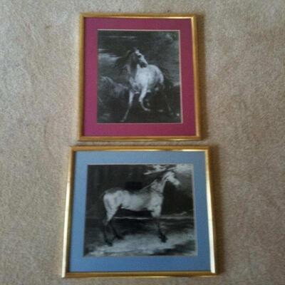 Two (2) Black & White Horse Prints in Gold Frames
